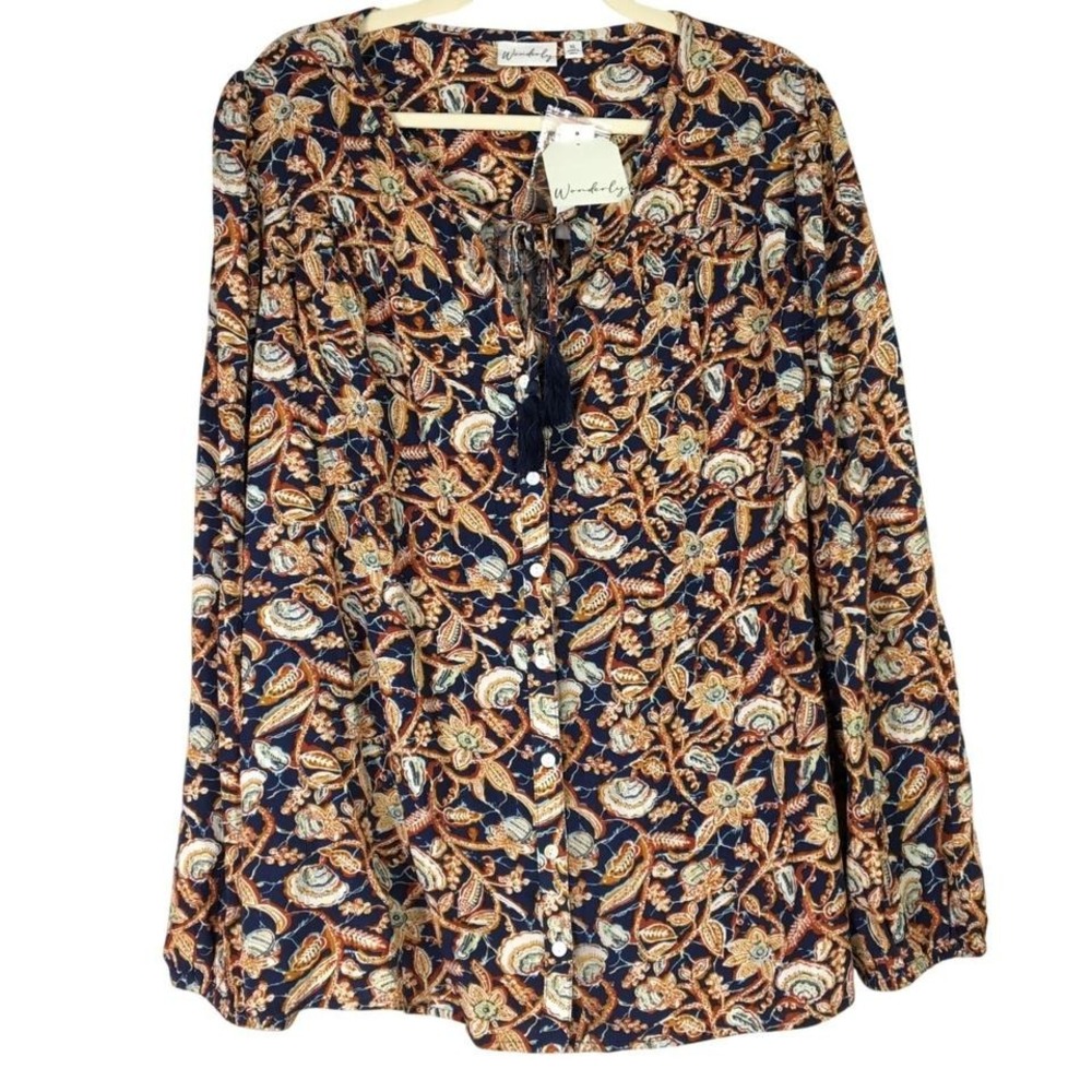 Wonderly Blue Batik Floral Button Front‎ Blouse XL NWT 13023FAW000028